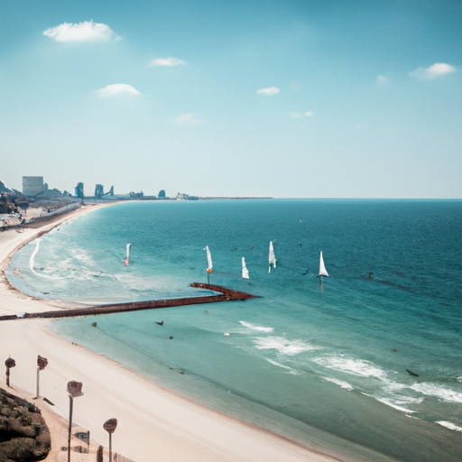 A photograph of Tel Aviv's coastline, with a long strip of beach, blue sky, and a few sailboats in the distance.