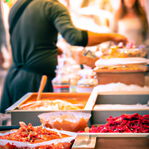 Оживленный уличный рынок в Тель-Авиве с красочными прилавками и местными жителями, наслаждающимися вкусными традиционными блюдами.