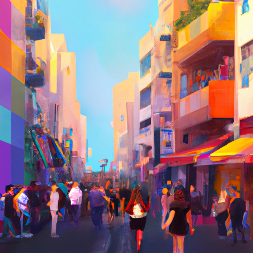 Ein Foto einer belebten Straße in Tel Aviv mit leuchtenden Farben und einer lebendigen Atmosphäre.