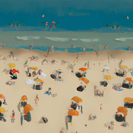 Ein Bild vom Strand von Tel Aviv mit einem kristallklaren blauen Ozean und Menschen, die schwimmen und sich sonnen.