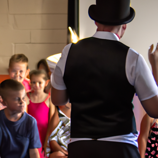 1. תמונה של קוסם בהופעה במסיבת יום הולדת לילדים, ילדים צופים בהשתאות.
