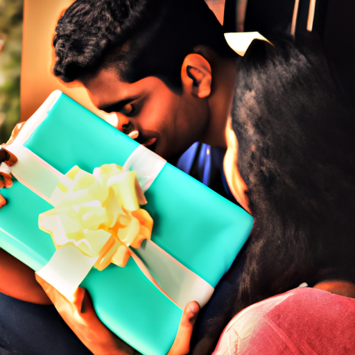תמונה של זוג ברגע רך, עם קופסת מתנה נוכחת בעדינות ברקע.